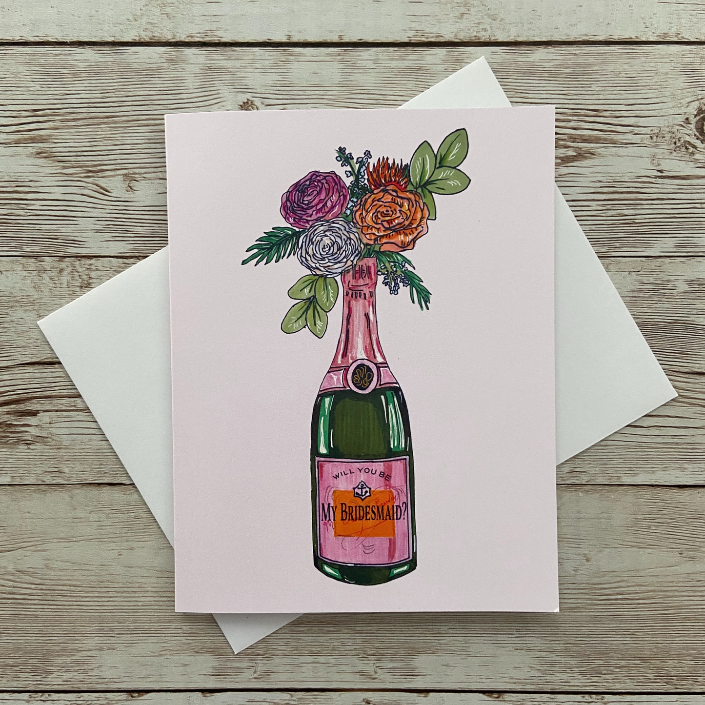 greeting card with illustration of champagne bottle and flowers