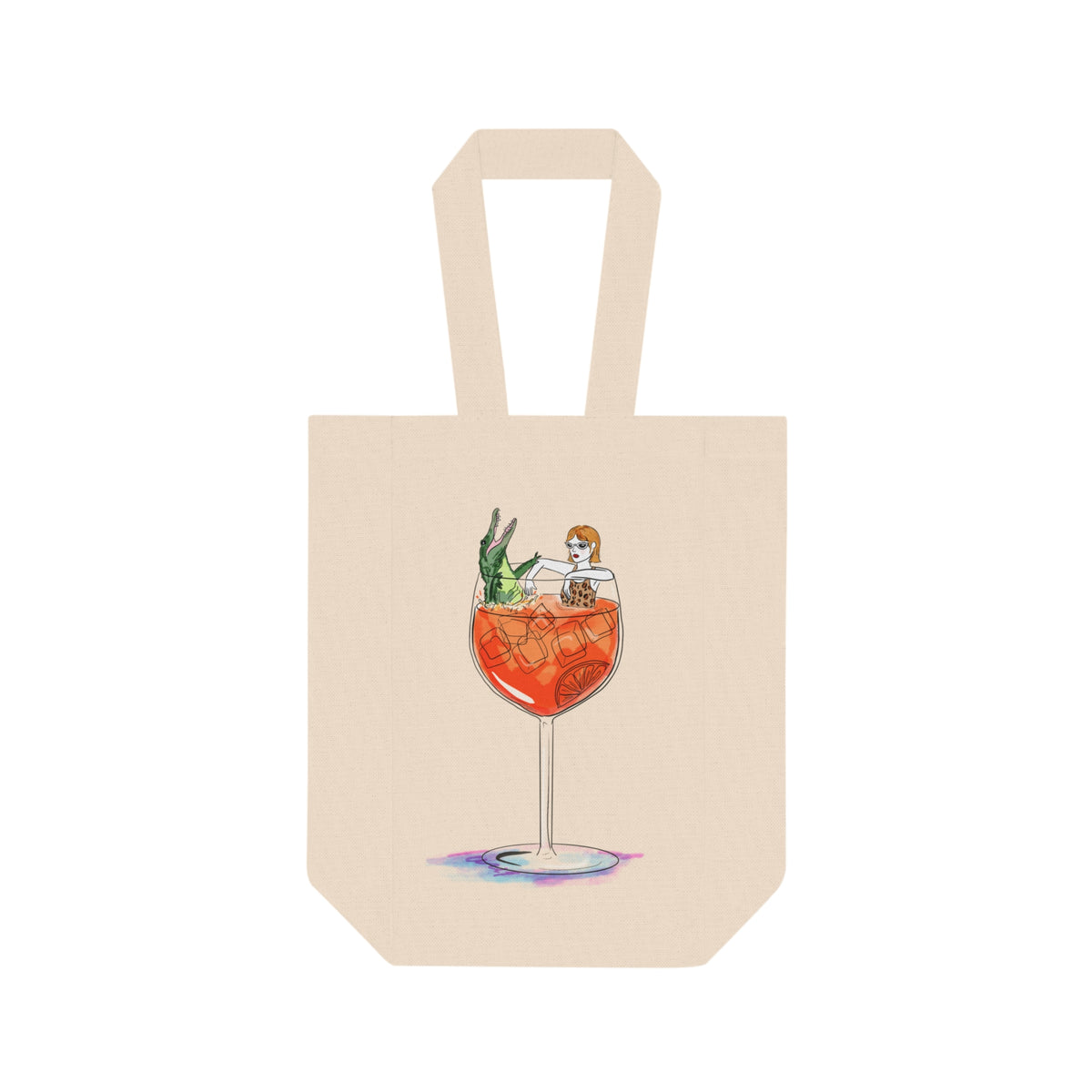Illustrated Spritz Wine Glass Double Bottle Tote, Reusable Wine Bag