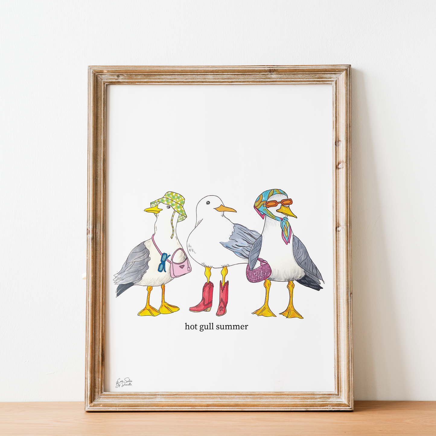 Seagull 'Hot Gull Summer' Illustrated Wall Art Print (With Text)