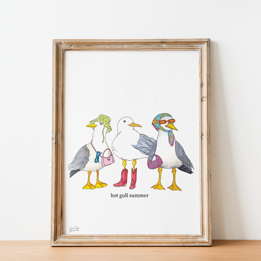 Seagull 'Hot Gull Summer' Illustrated Wall Art Print (With Text)