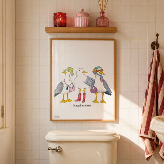 Seagull 'Hot Gull Summer' Illustrated Wall Art Print (With Text)