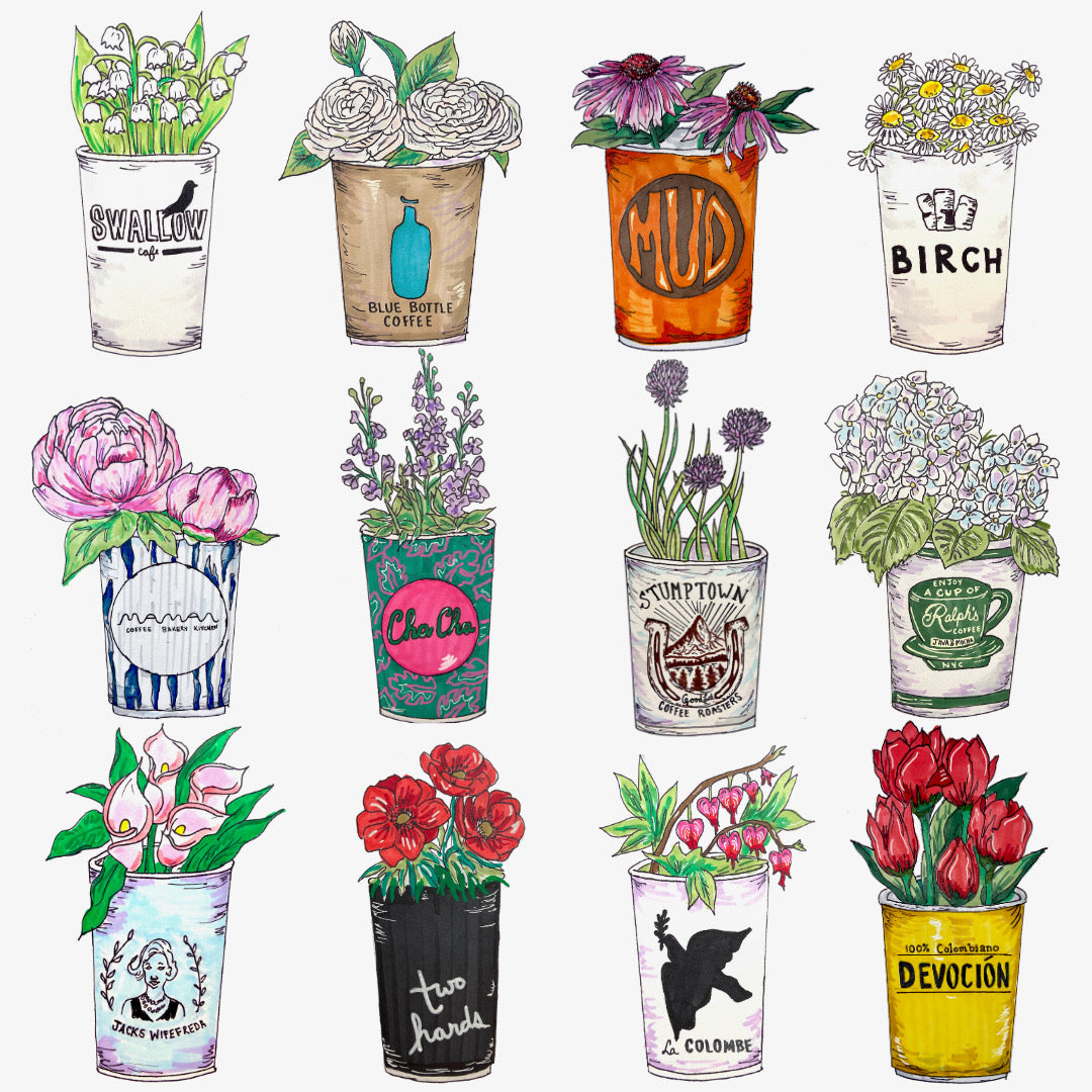 NYC coffee cups with flowers
