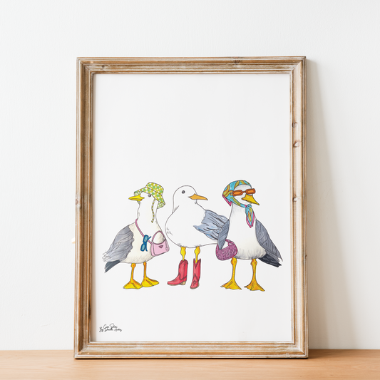 Seagull 'Hot Gull Summer' Illustrated Wall Art Print