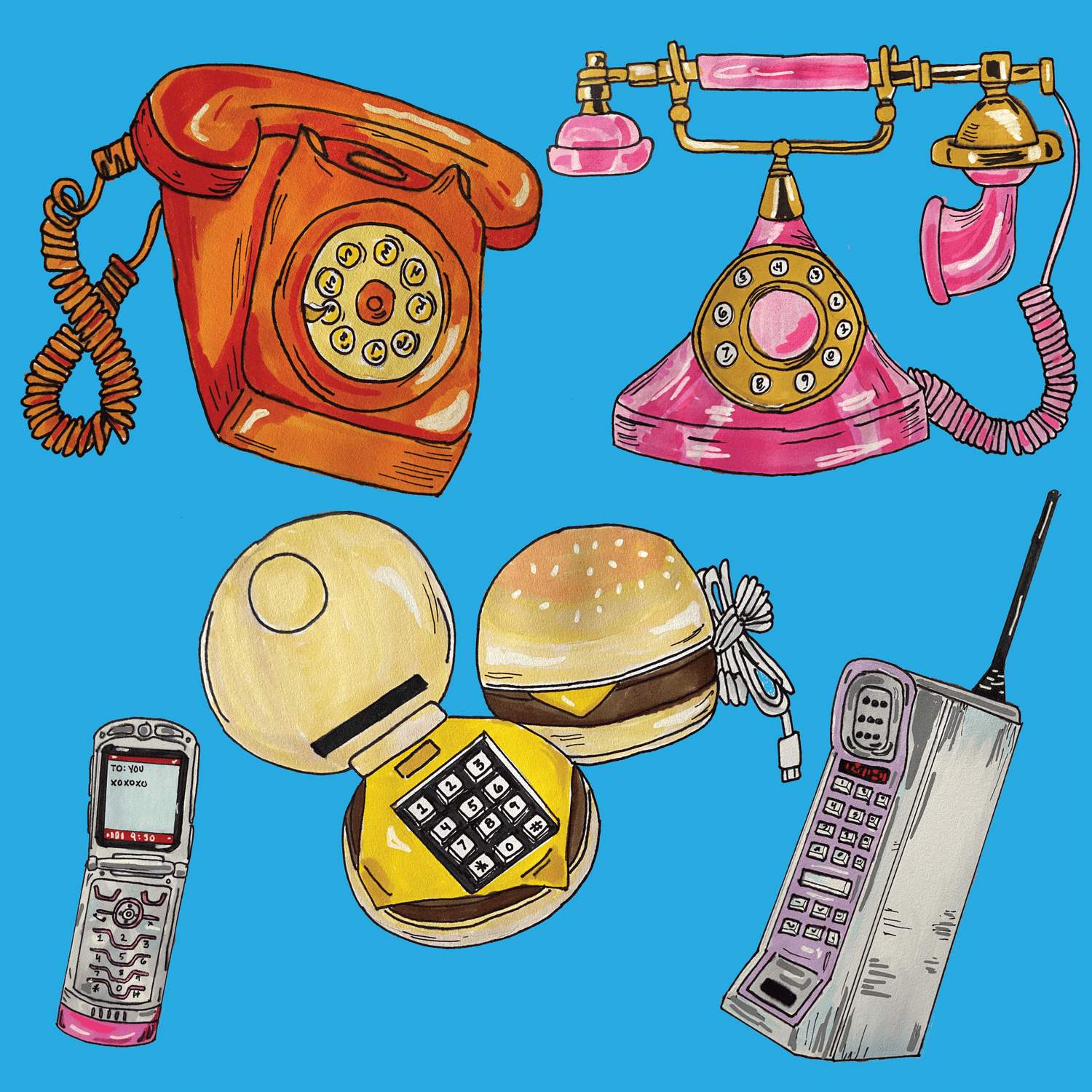 illustration of colorful vintage telephones