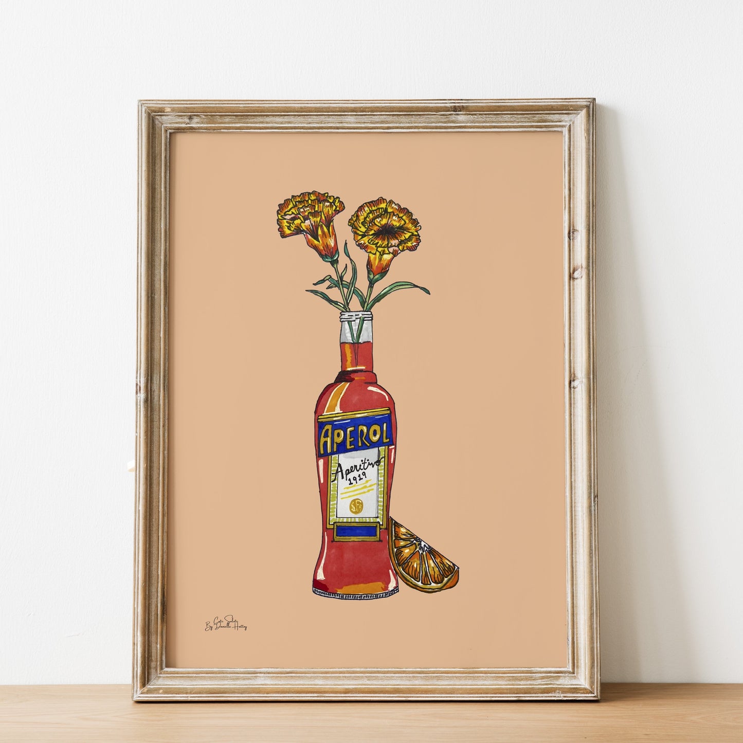 frame illustration of an orange Aperol bottle with carnations and orange slice