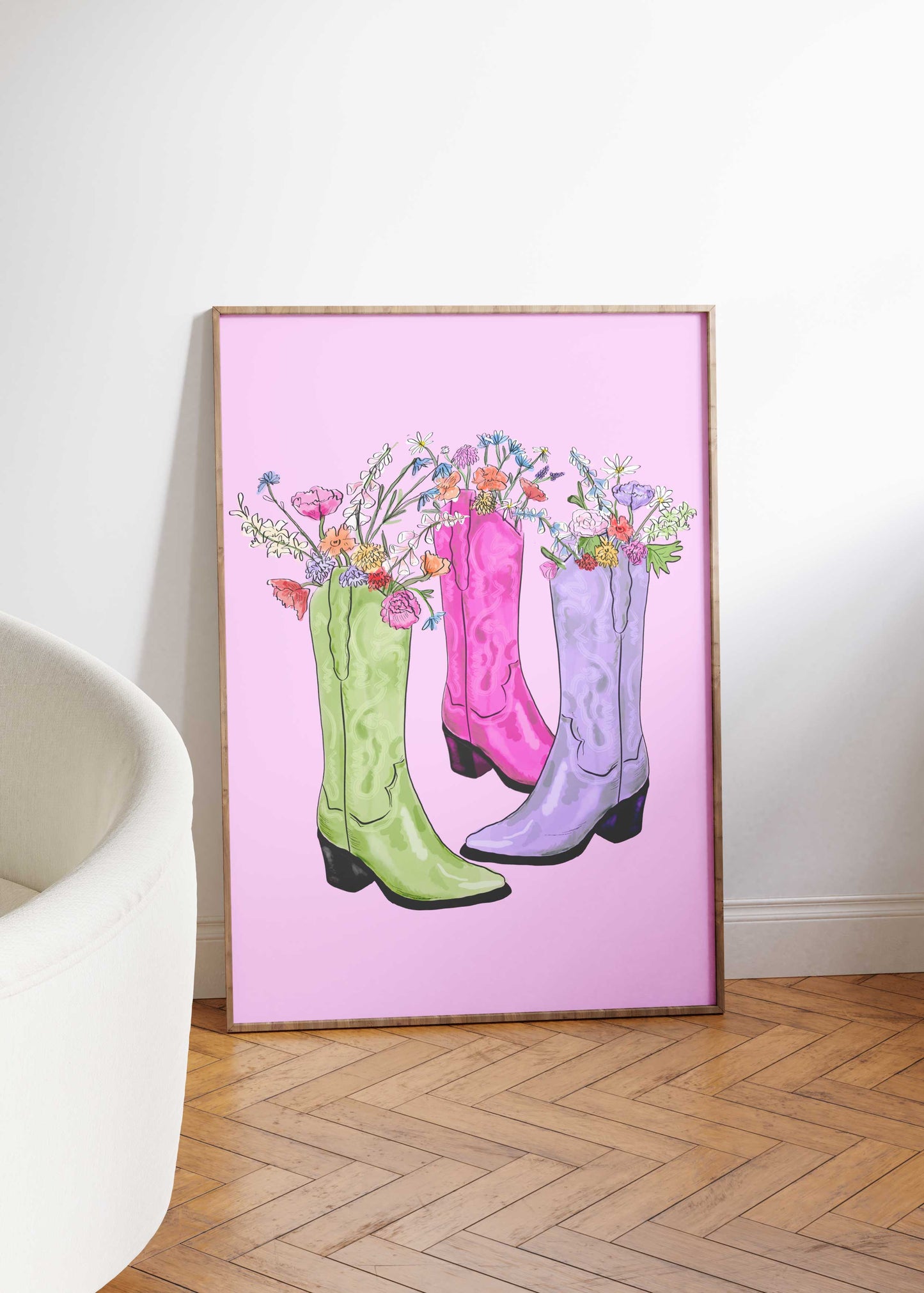 Vibrant Cowboy Boot Floral Wall Art Print