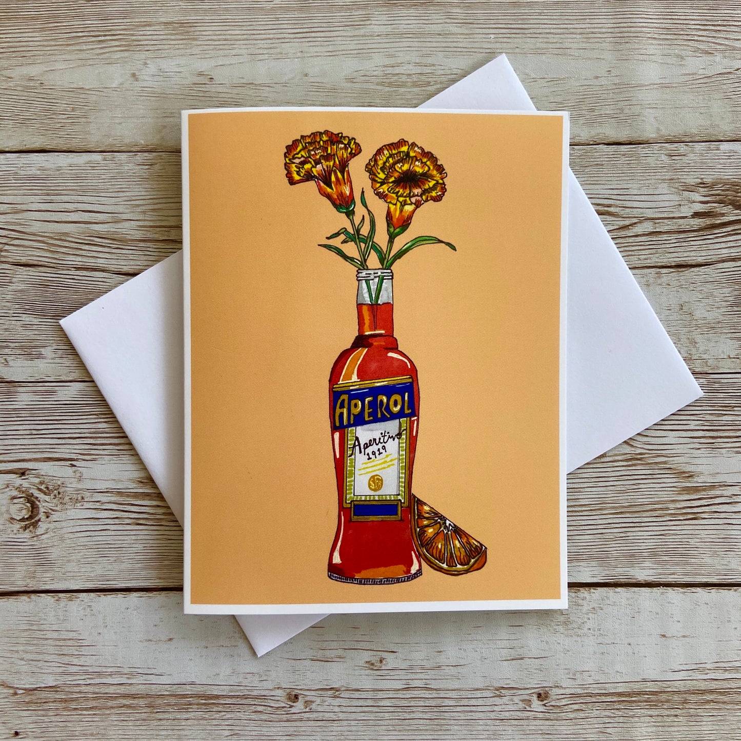 Greeting card with orange Aperol bottle and carnation flowers