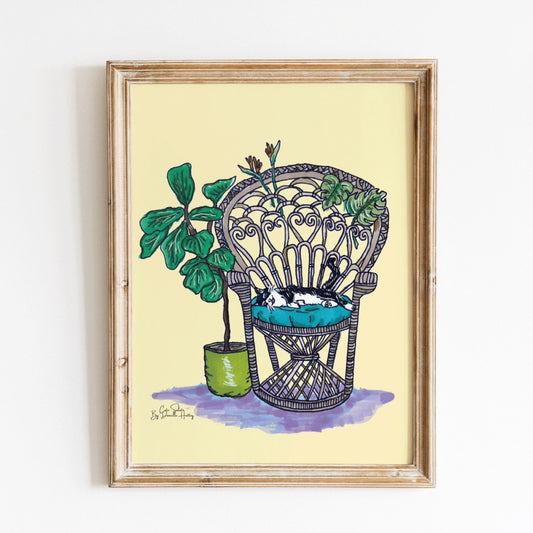 Rattan Cat Illustrated Wall Art Print