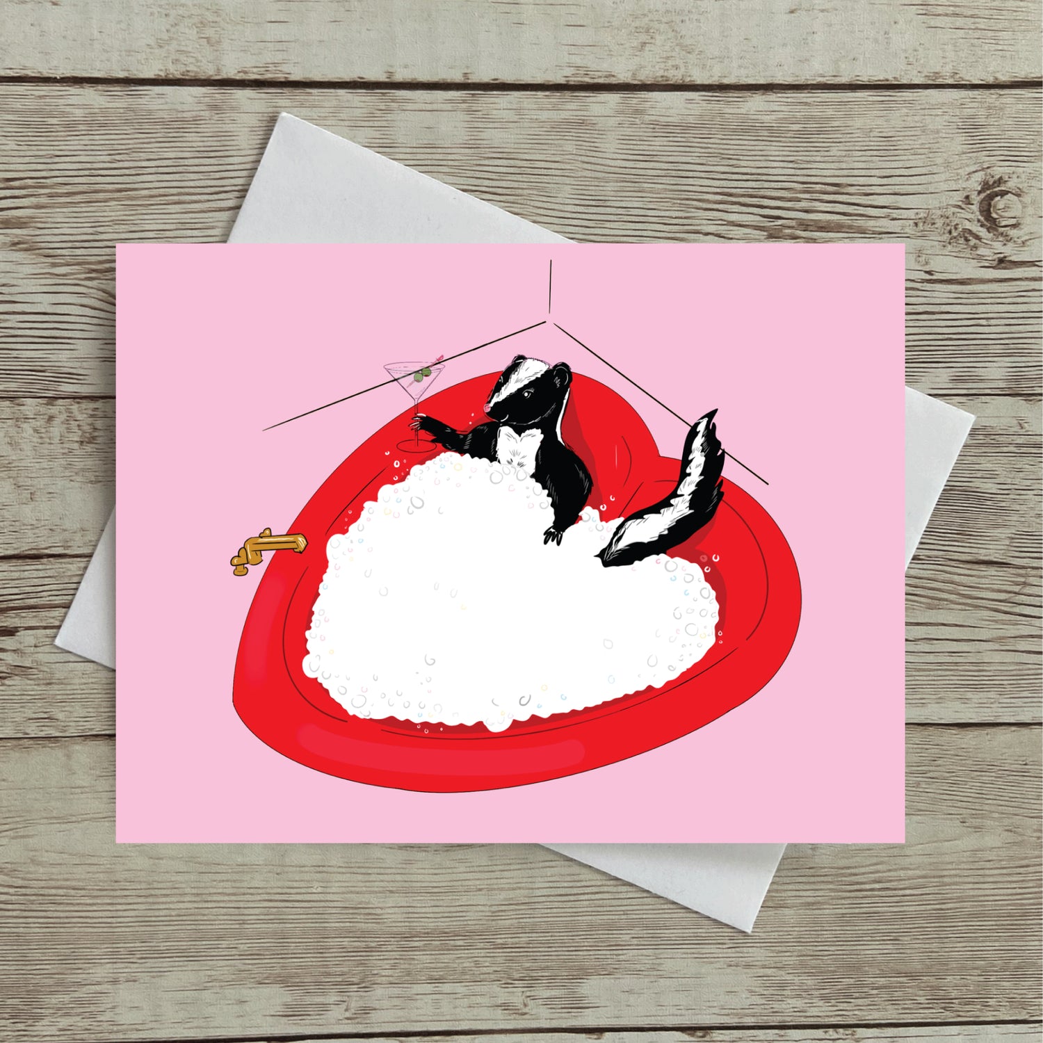 valentins day card with skunk sitting in heart shaped tub