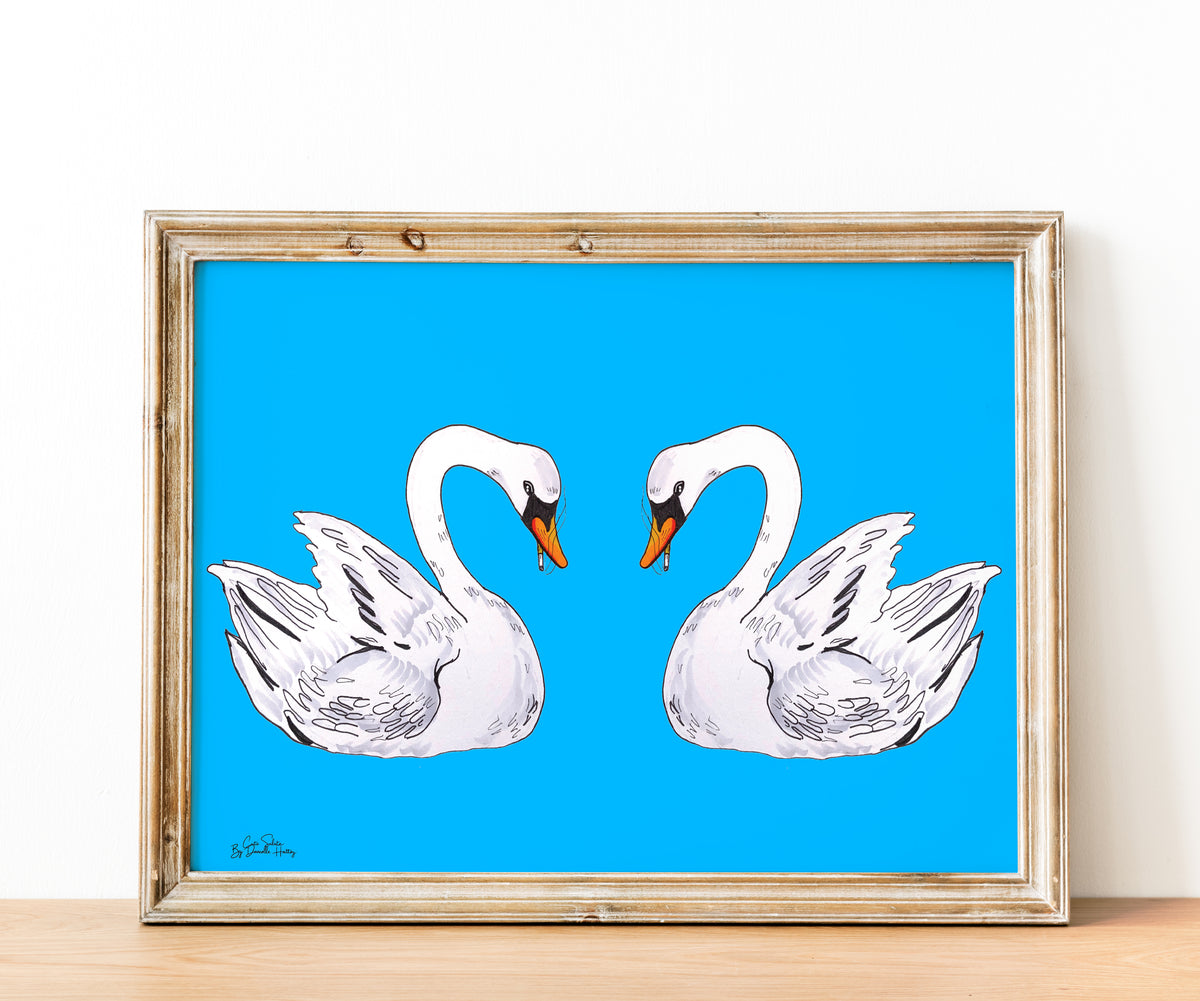 wall art of two swans smoking a ciggarette 