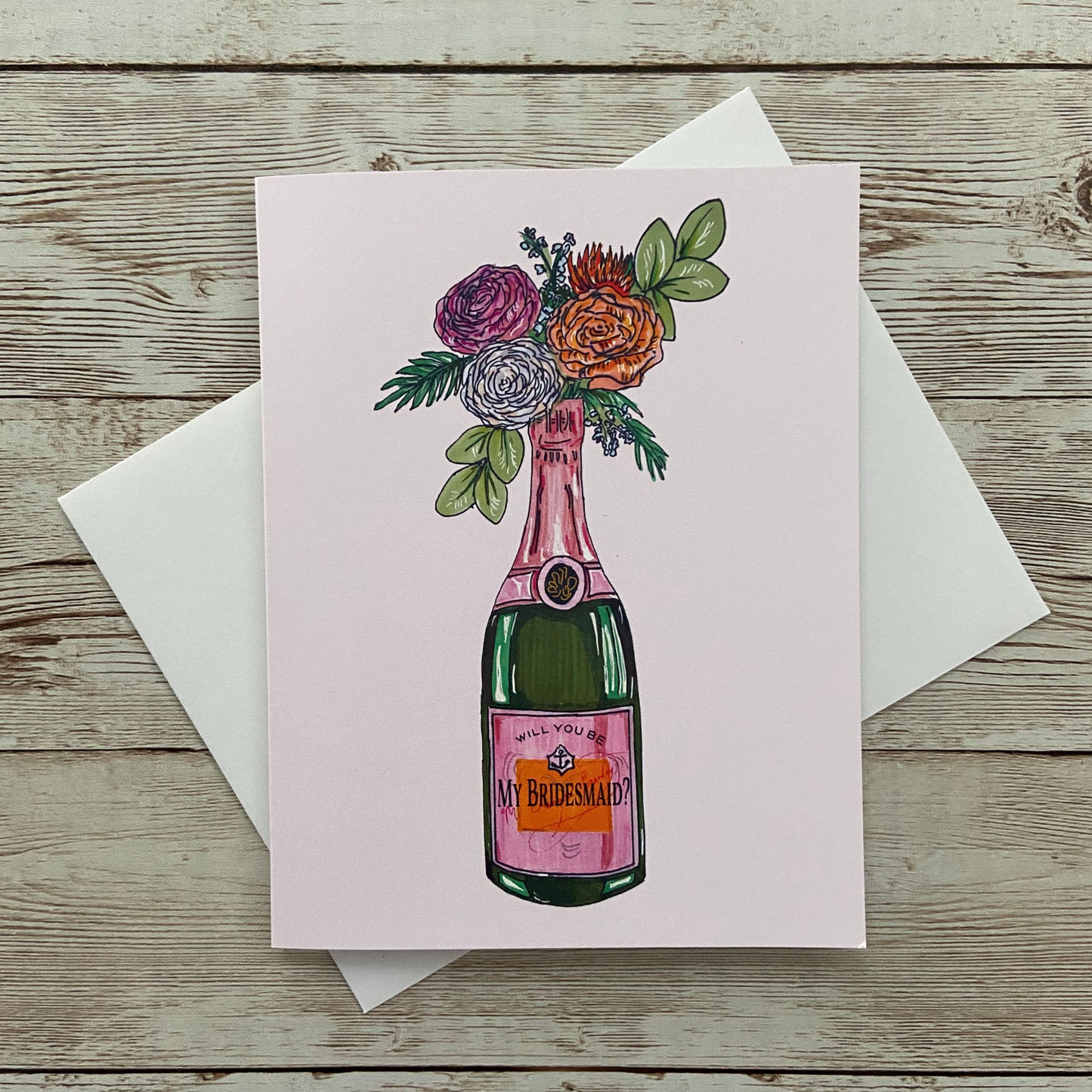 greeting card with illustration of champagne bottle and flowers 