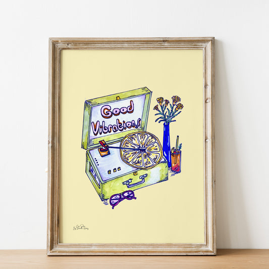 Good Vibrations Record Player Illustrated Wall Art Print
